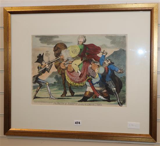 After James Gillray, coloured print, The Political Banditti assailing the Saviour of India, 31 x 42cm